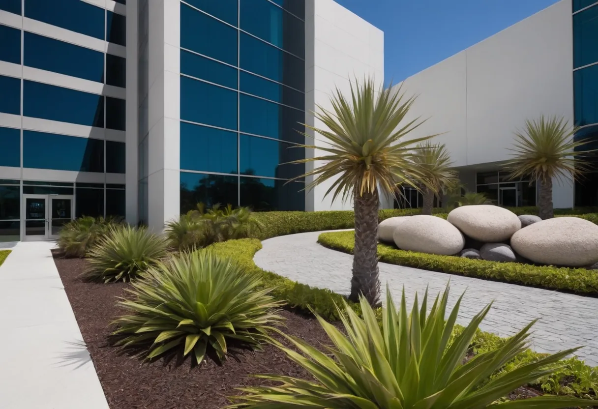 Drought-tolerant xeriscape outside a Miami office building