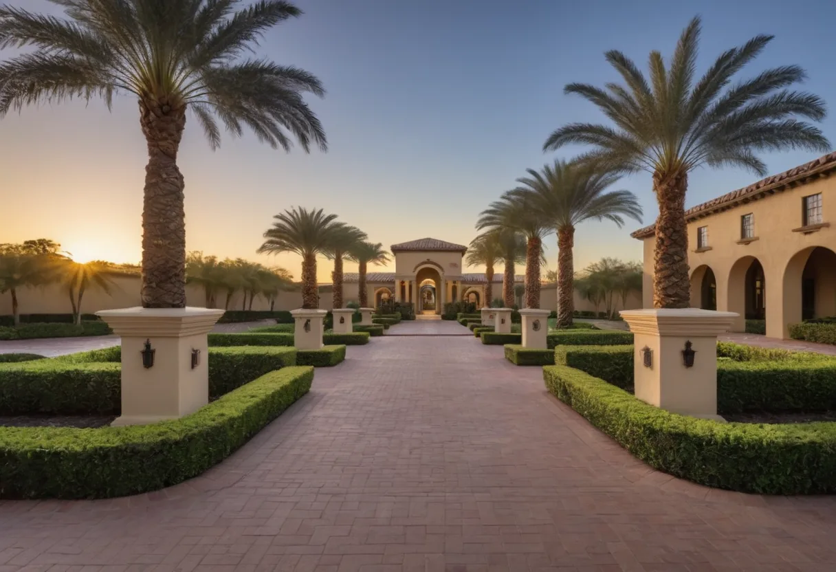 Luxury HOA gated community entrance with palm-lined paver boulevard
