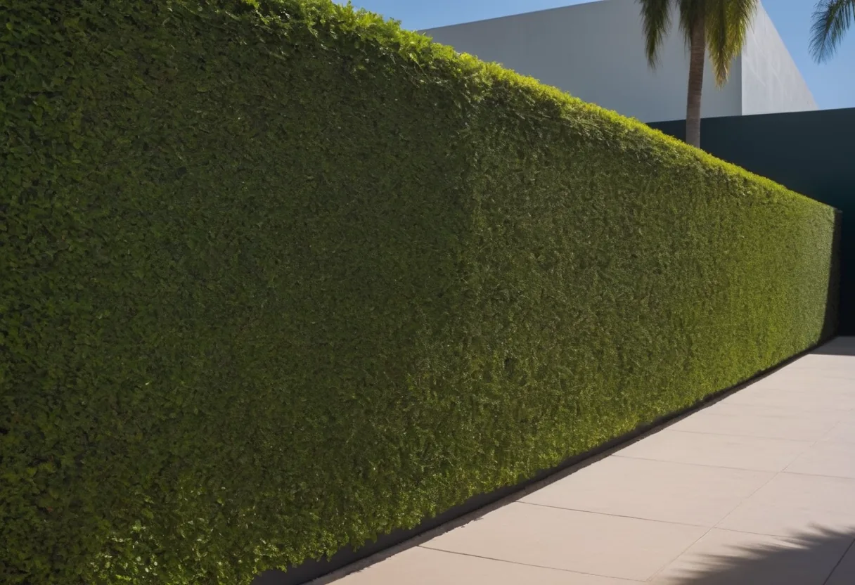 Tall formal ficus hedge wall maintained on a commercial property line