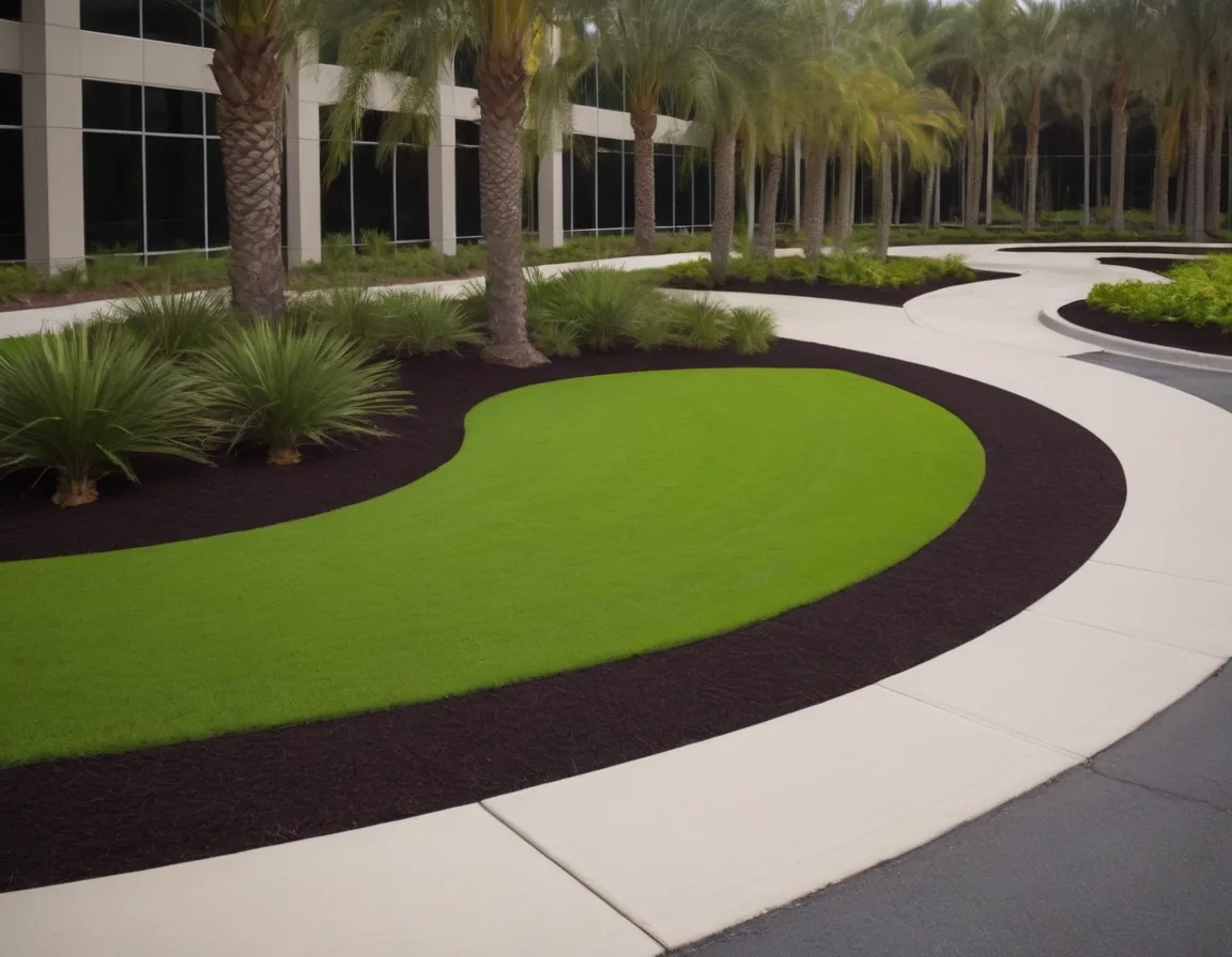 Curved mulch beds beside green sod along a commercial building